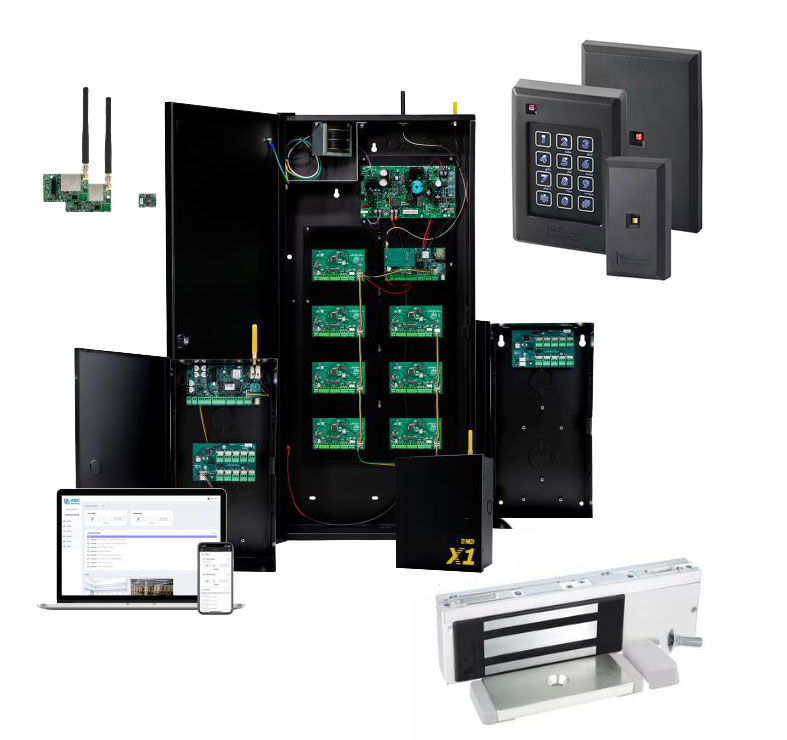 Image displaying all the hardware of a commercial security system